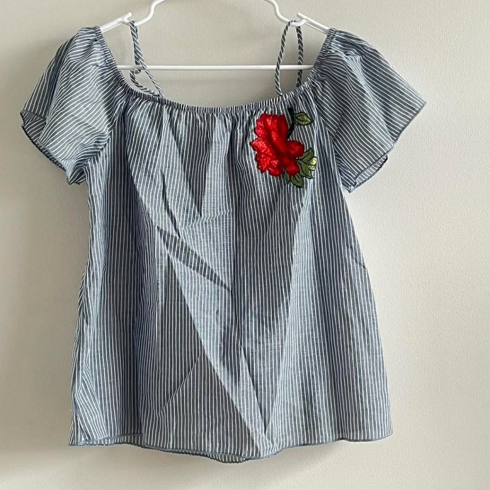 Charlies Blue and White Striped Off-Shoulder Cotton Top with Red Floral Applique